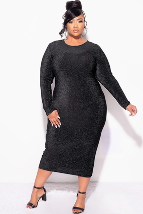 Final Sale Plus Size Midi Bodycon Dress in Black Glitter Fabric Casual Jacket