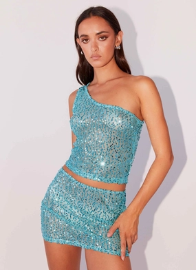 Sleeveless Top Neon Nights Sequin One Shoulder Top - Crystal