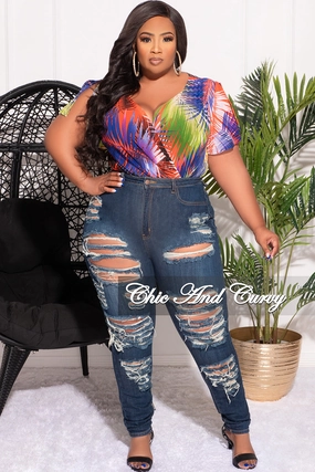 Ripped design HighRiseWaist Final Sale Plus Faux Wrap Bodysuit in Multi Color Palm Print
