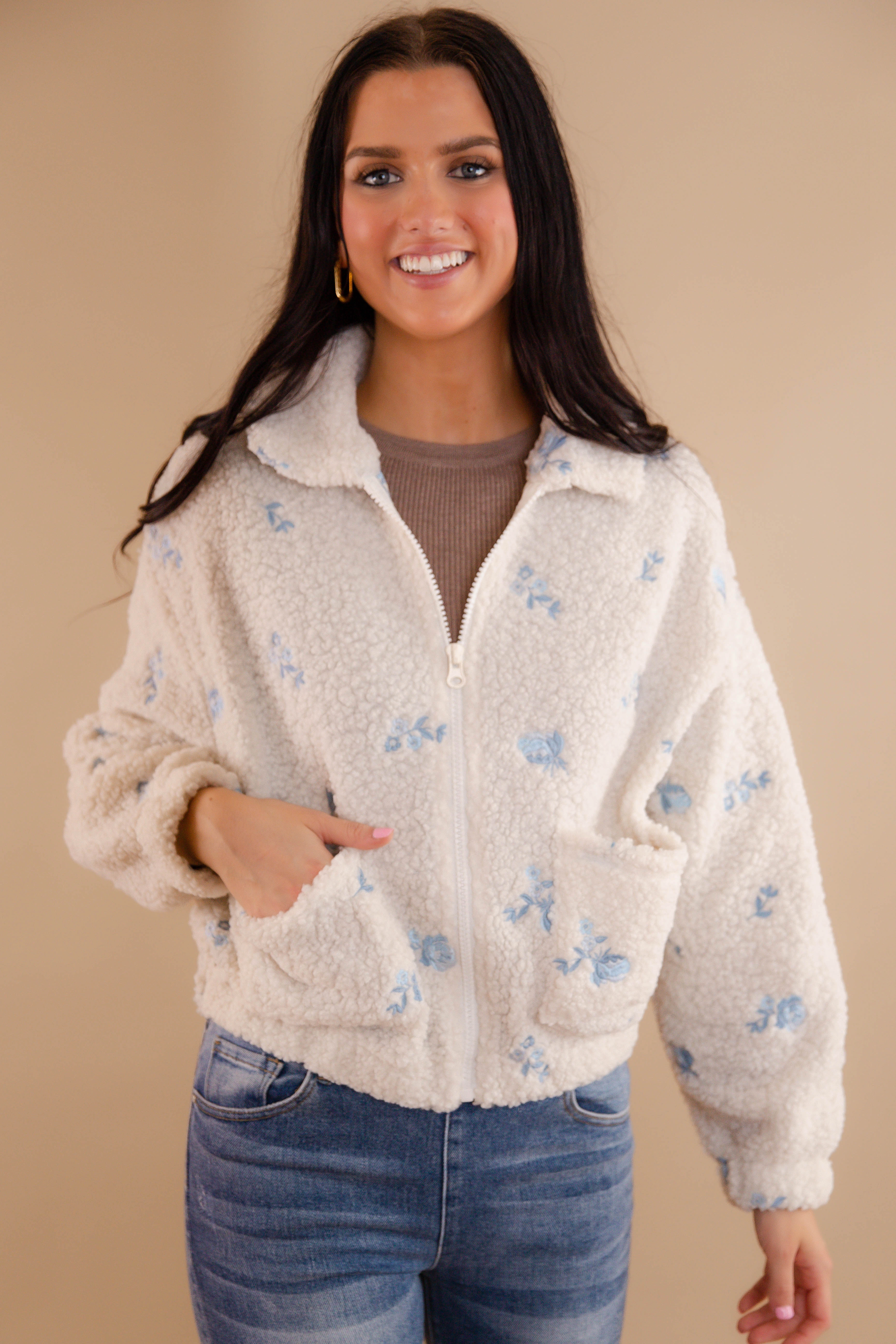Drop Shoulder Design Double Needle Hemming Rest Assured Zip Up Jacket