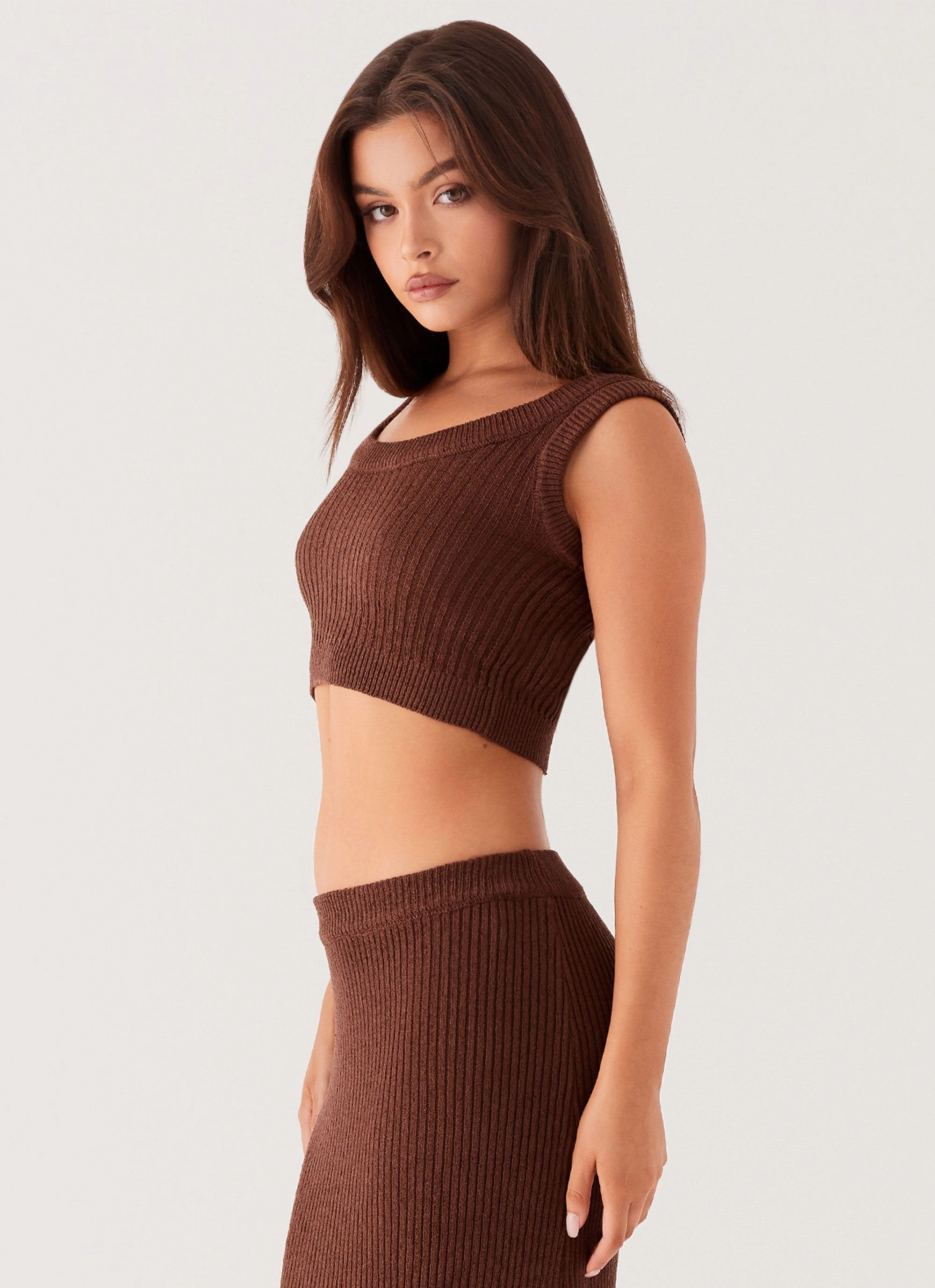 Non Iron Fabric Thermal Insulation Core Season Fever Knit Crop Top - Chocolate