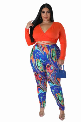 Final Sale Plus Size 2pc Long Sleeve Faux Wrap Collar Orange Crop Tie Top and Pants in Multi Color Swirl Print Active Wear Ripstop Fabric Technology