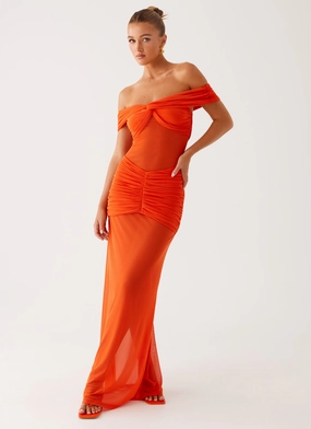 Charming Off Shoulder Maxi Dress - Orange Silky Movement