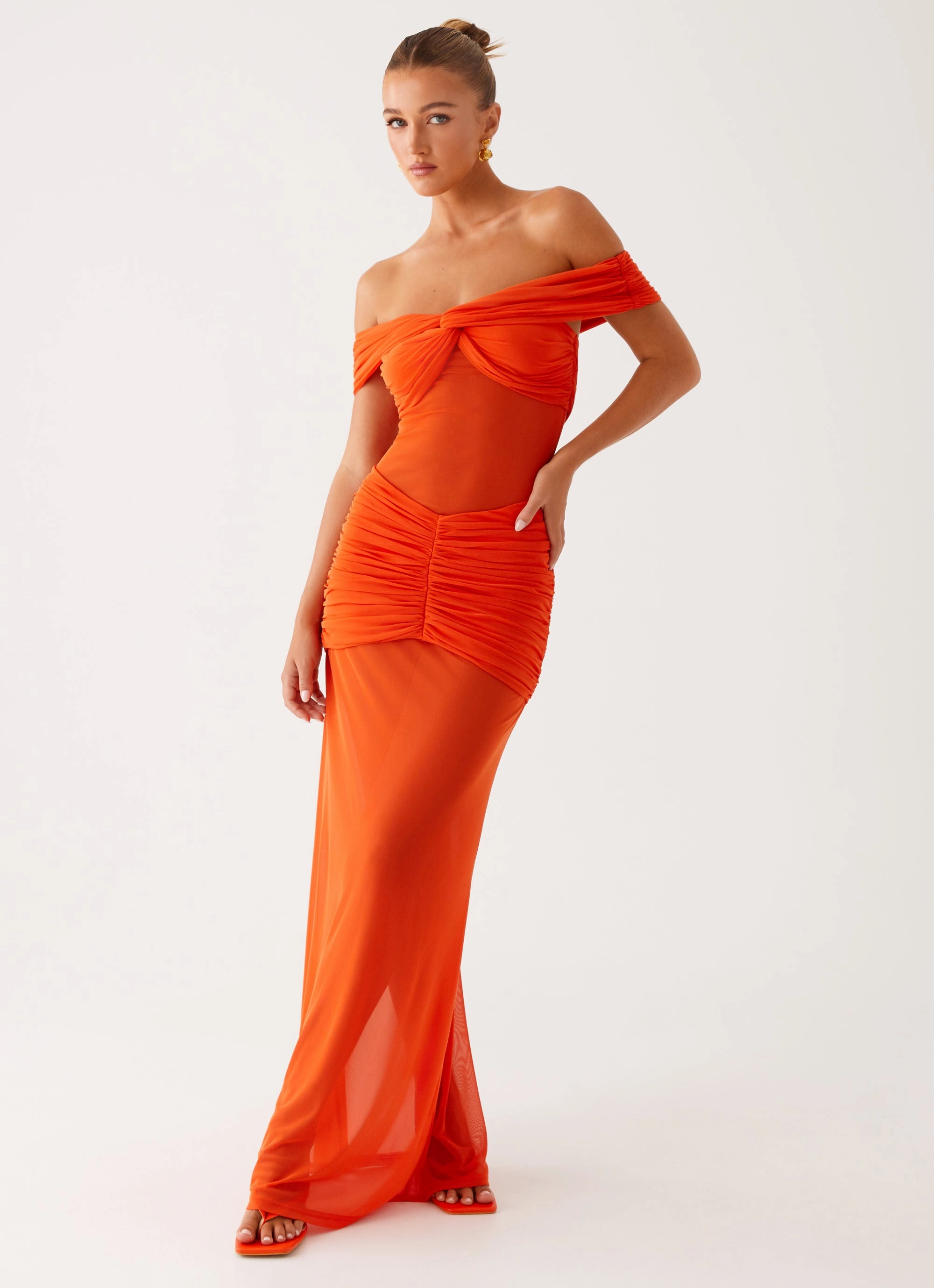 Charming Off Shoulder Maxi Dress - Orange Silky Movement