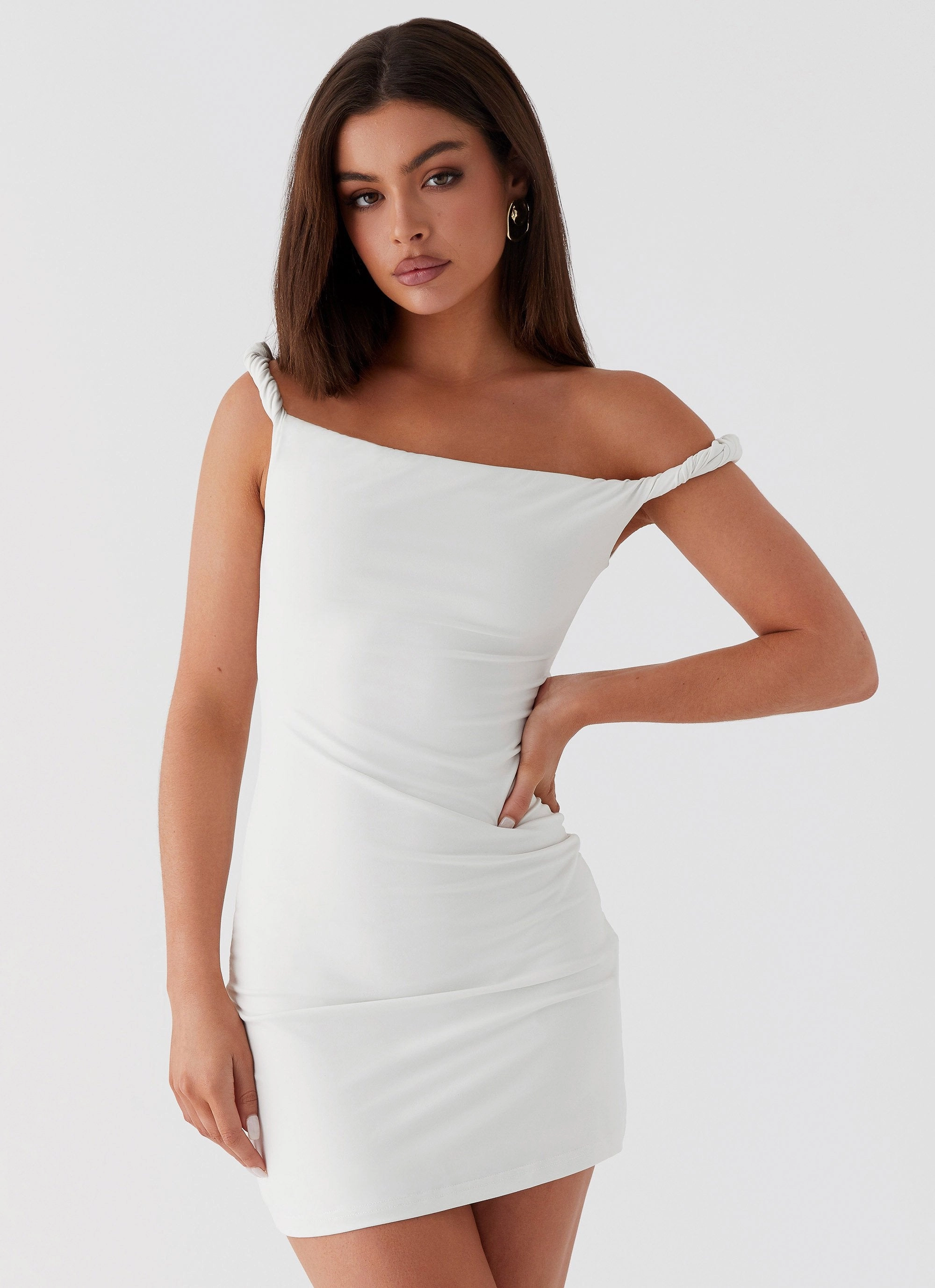 Arabella Twist Shoulder Mini Dress - Ivory Shimmer-Finish