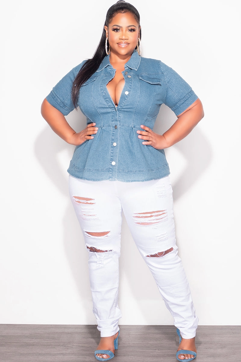 FourWayStretch Slim Shape Final Sale Plus Size Collar Button Up Peplum Top in Medium Denim