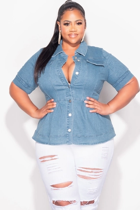 NonSlipGrip Stretchable Wear Final Sale Plus Size Collar Button Up Peplum Top in Medium Denim