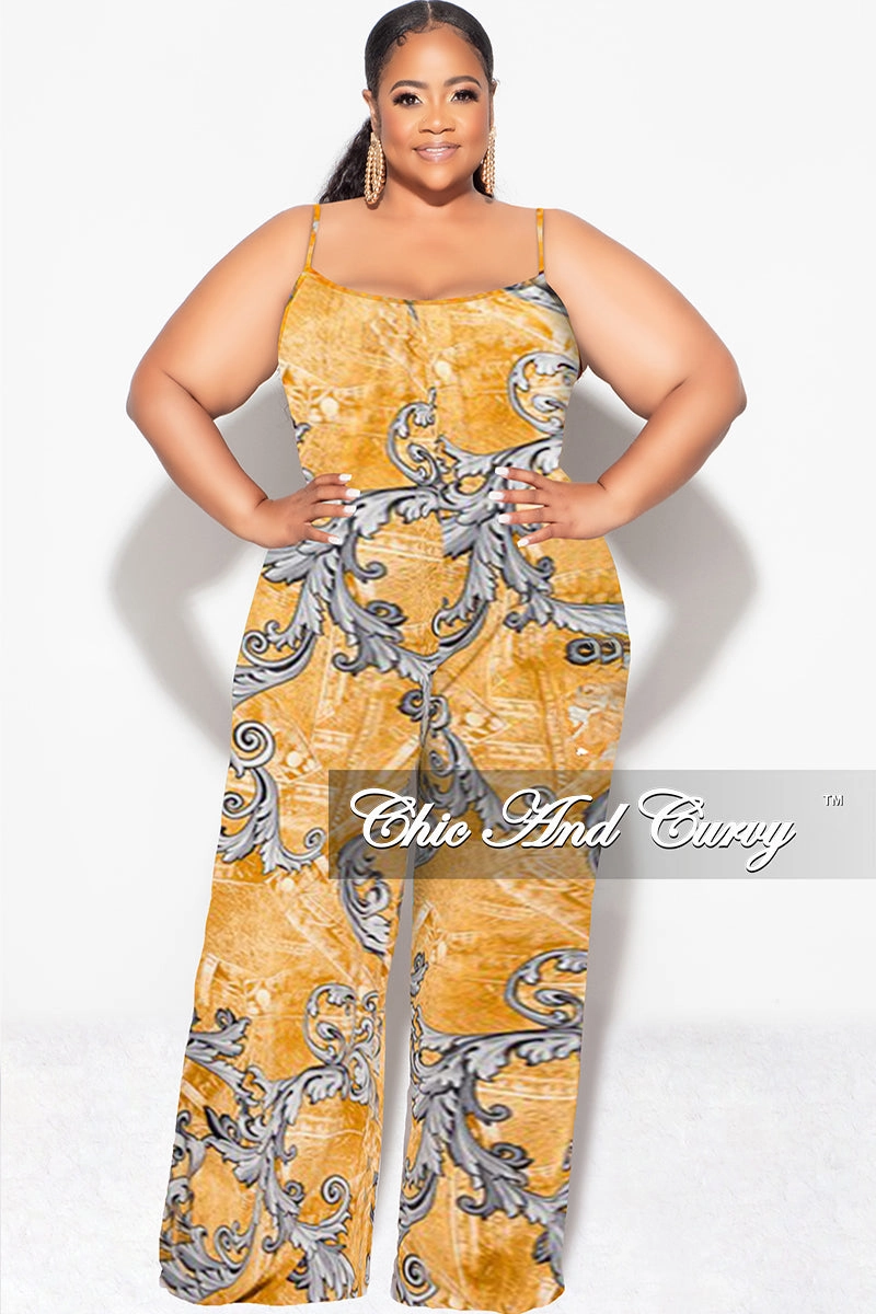 Moisture Lock Technology Tailored Fit Final Sale Plus Size Spaghetti Straps Jumpsuit in Mustard and Gray Design Print