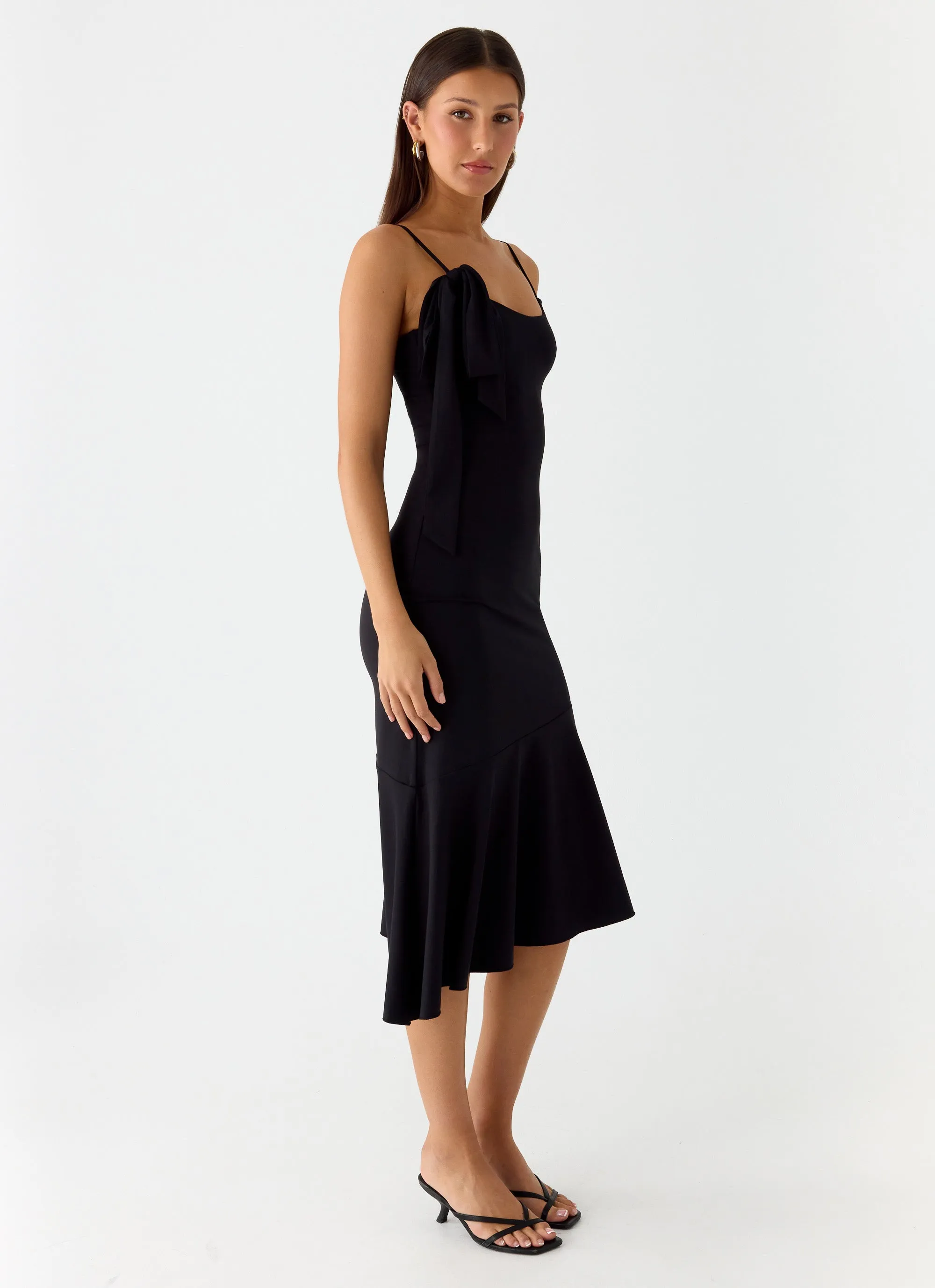 Metallic Finish Graceful Ease Tranquility Asymmetric Midi Dress - Black