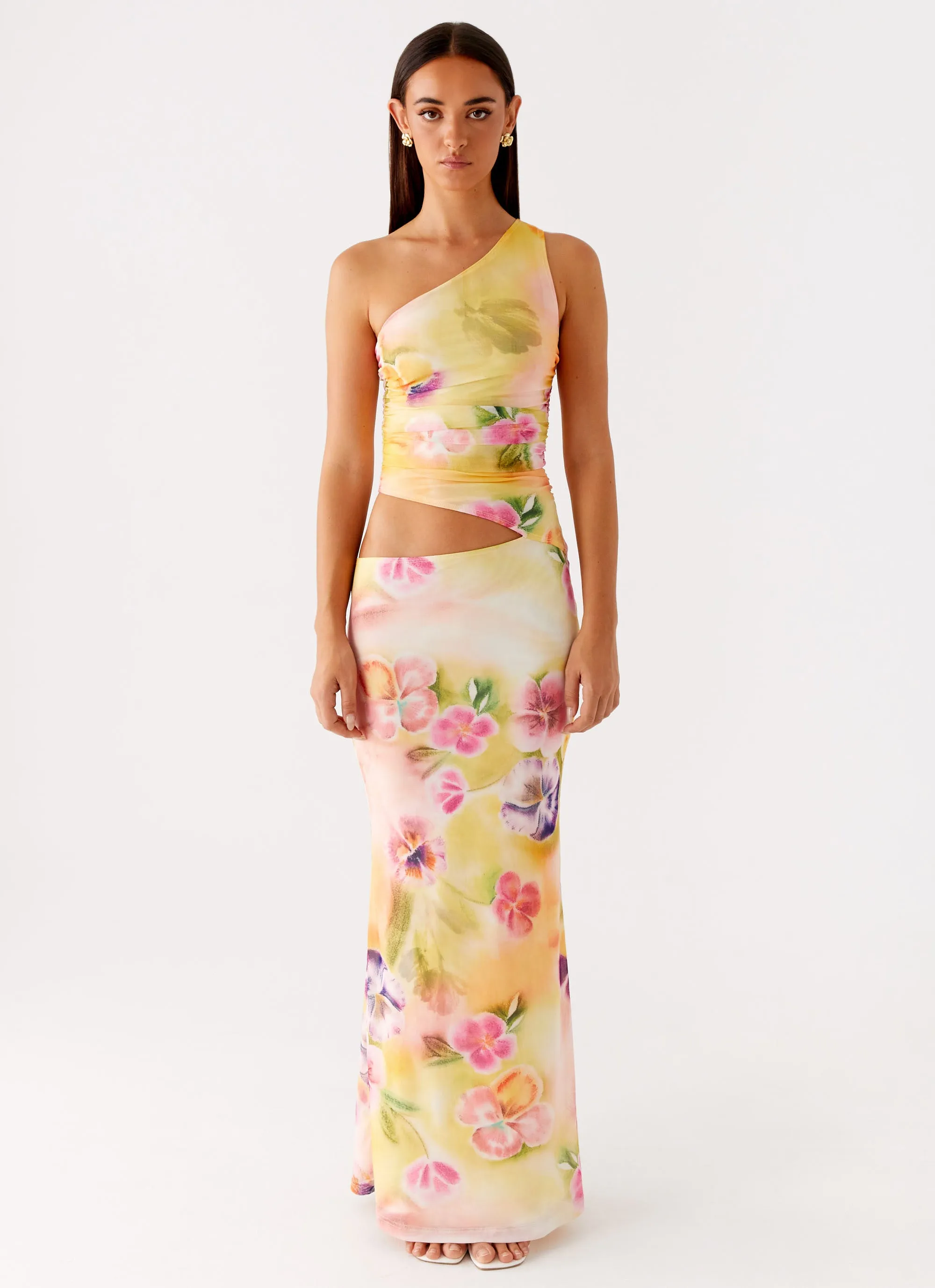 Seranella One Shoulder Maxi Dress - Sunburst Floral Polished Look Fresh Appeal