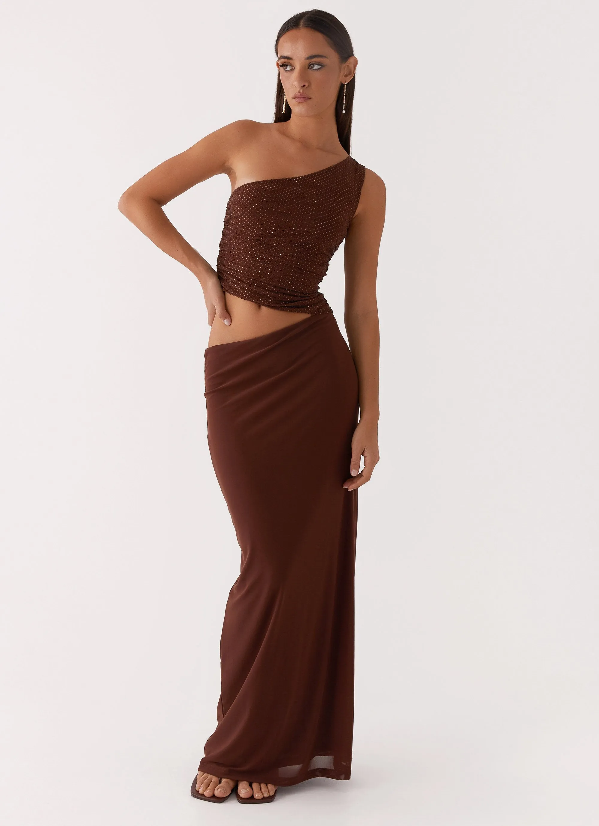 Festival-Ready Seranella Sequin One Shoulder Maxi Dress - Chocolate