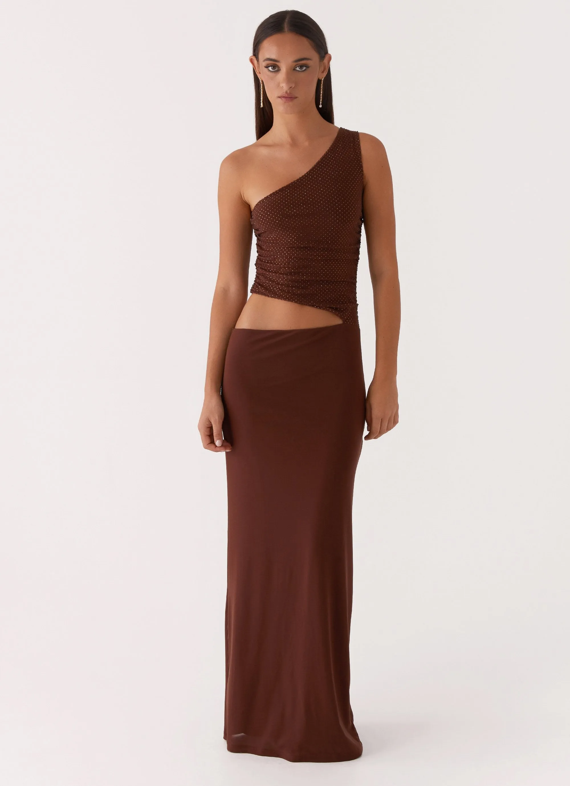 Trendy summer outfit Seranella Sequin One Shoulder Maxi Dress - Chocolate