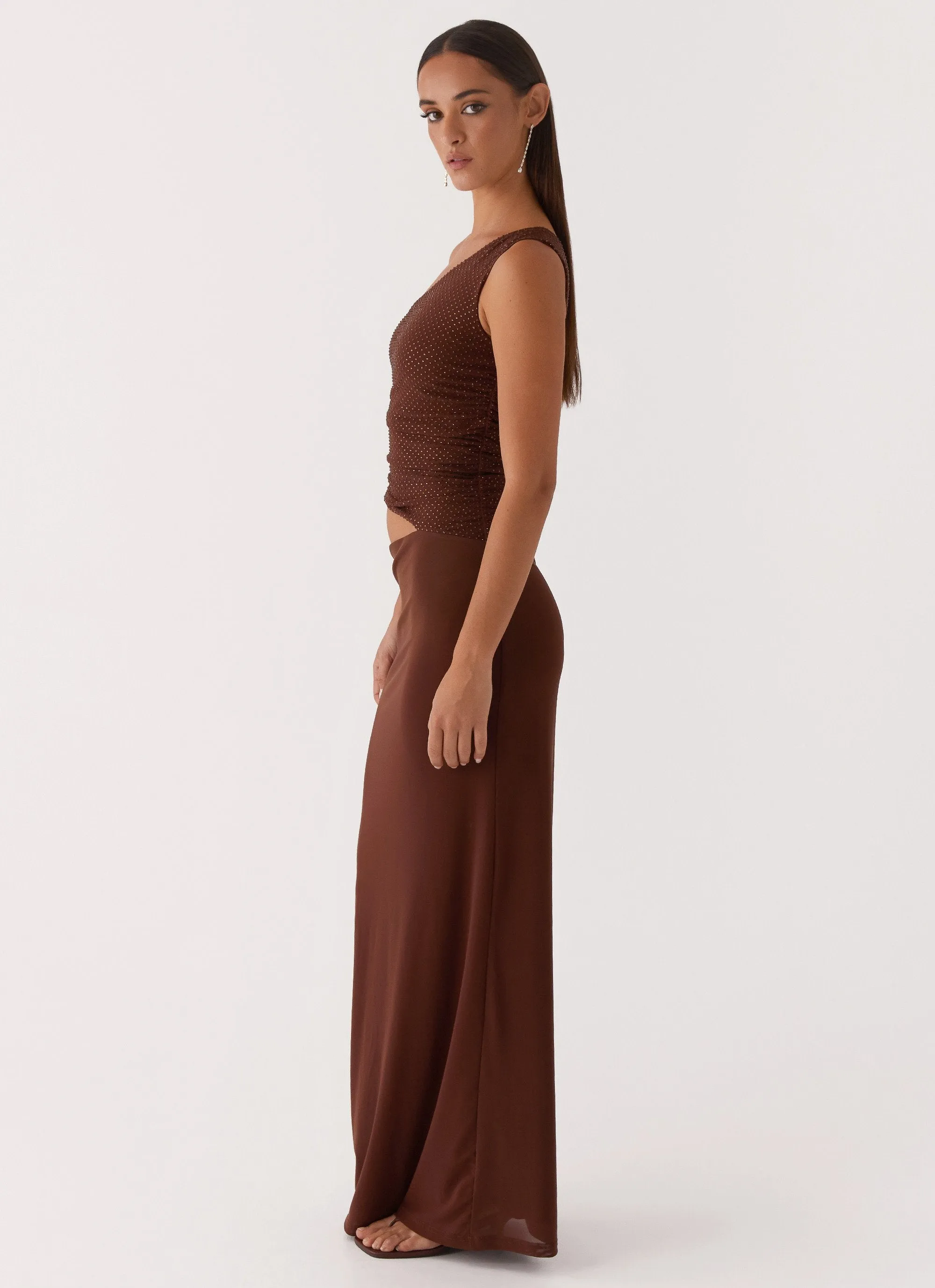 Lawn Soft Seranella Sequin One Shoulder Maxi Dress - Chocolate