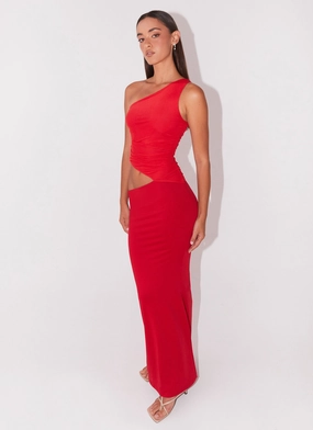 Seranella One Shoulder Maxi Dress - Cherry Red Silky-Lining