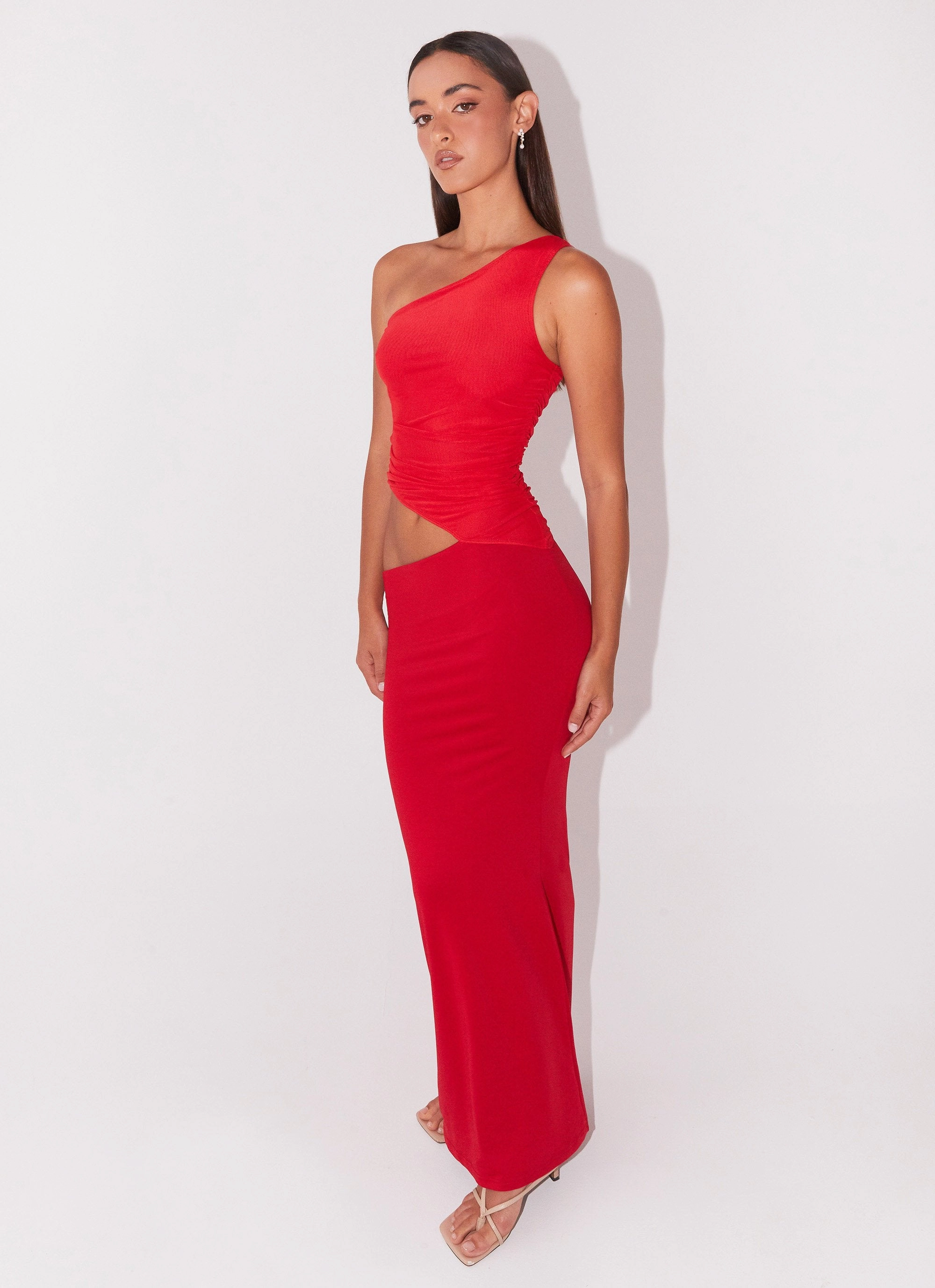 Seranella One Shoulder Maxi Dress - Cherry Red Silky-Lining