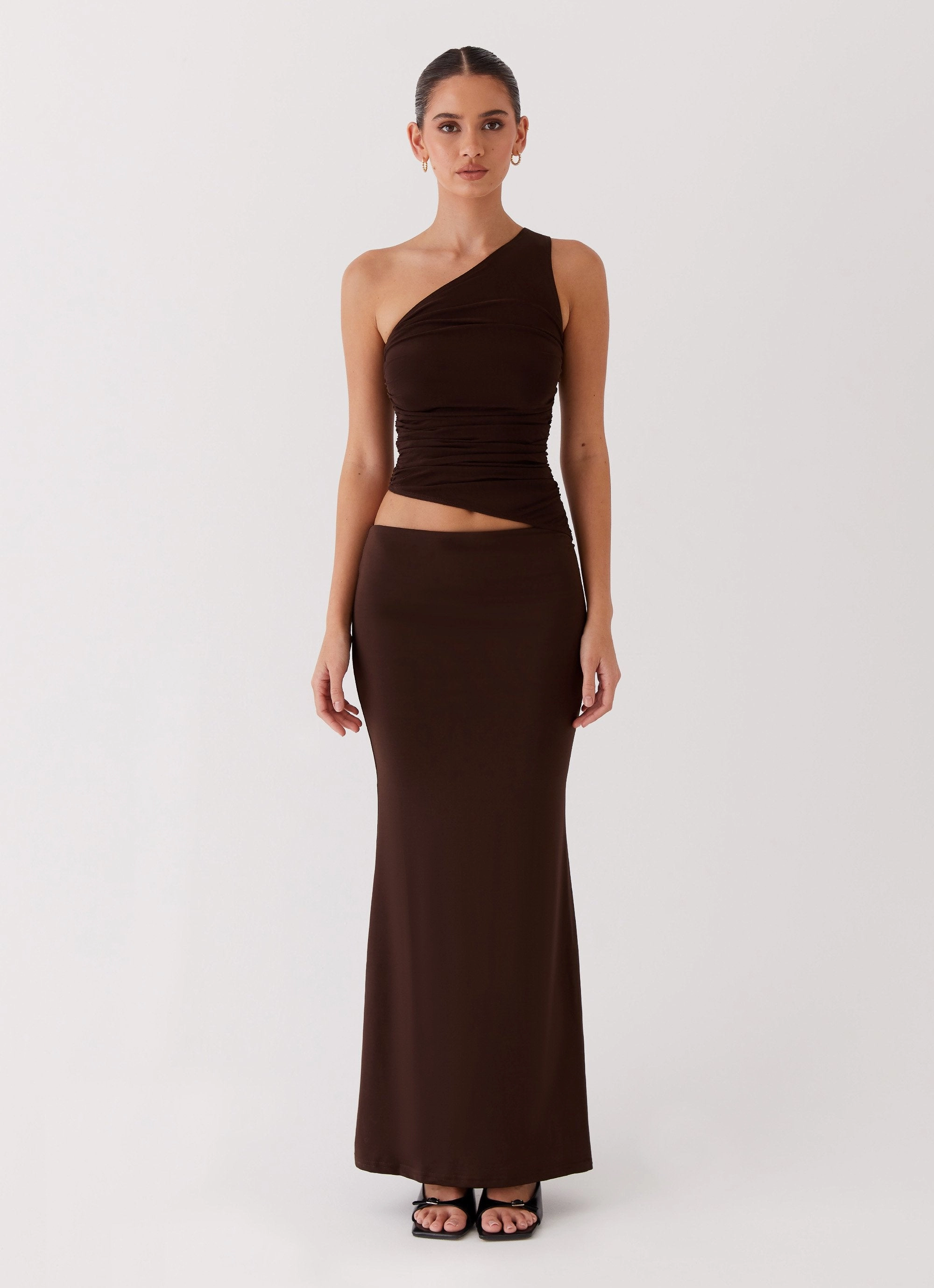 Seranella One Shoulder Maxi Dress - Chocolate Party Floral Daily Movement