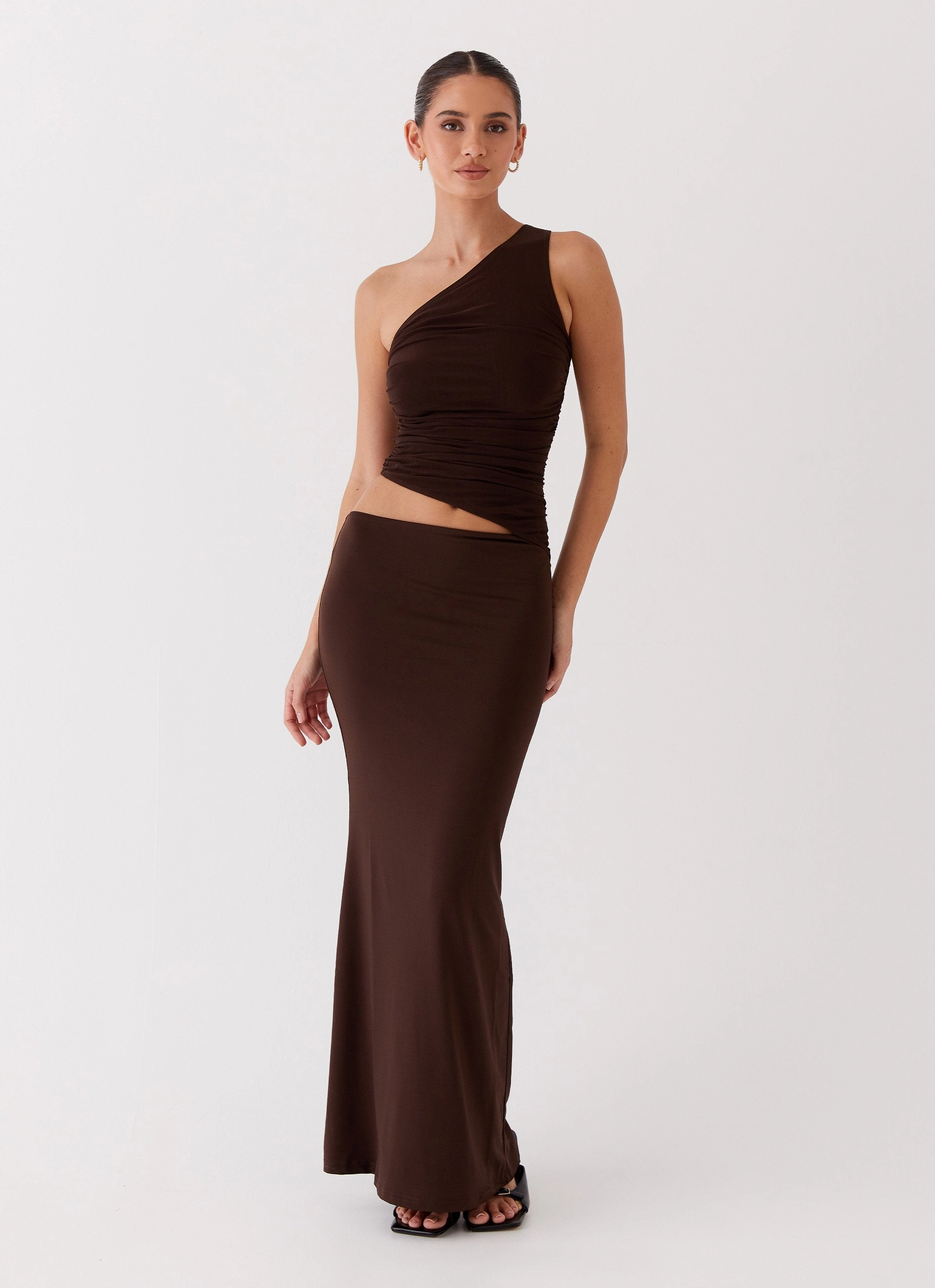 Flattering Cut Seranella One Shoulder Maxi Dress - Chocolate