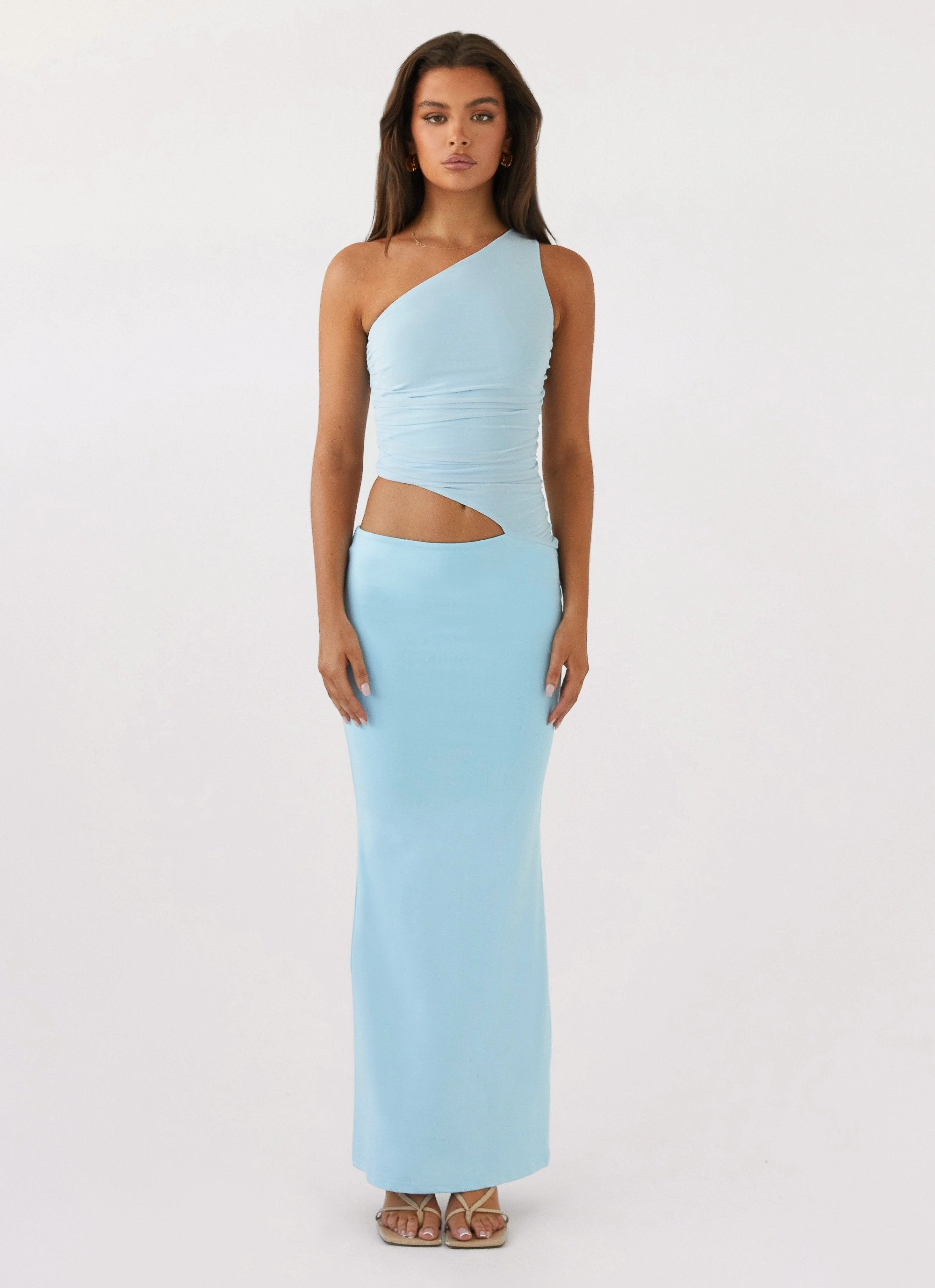 Bright Accent Seranella One Shoulder Maxi Dress - Sky Blue