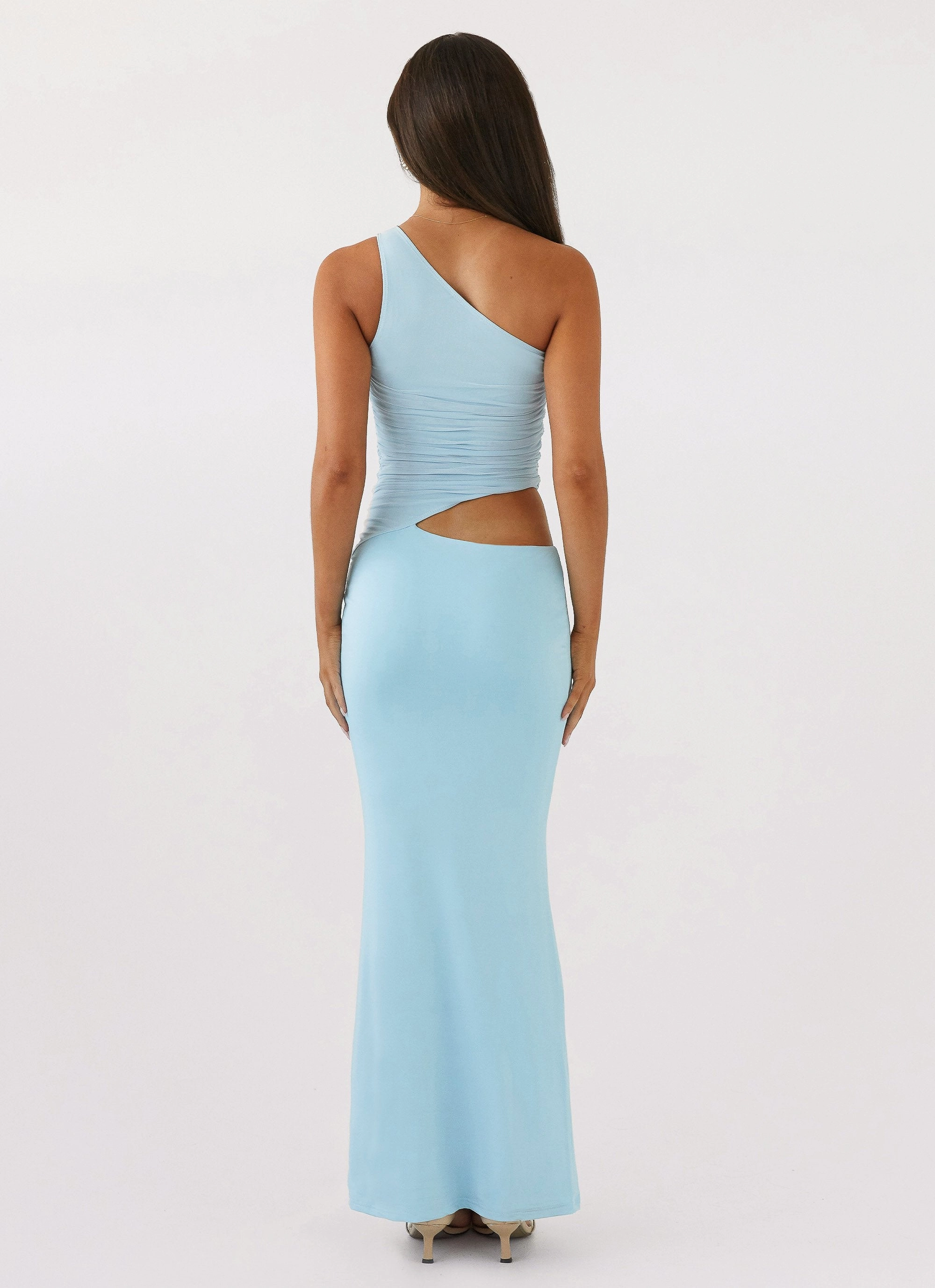 Shiny surface Movement Friendly Seranella One Shoulder Maxi Dress - Sky Blue