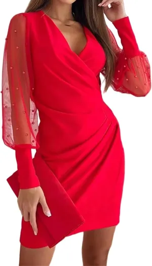 Sexy Dresses for Women Date Night Wrap V Neck Bodycon Ruched Mini Dress Mesh Puff Long Sleeve Party Club Cocktail Dress