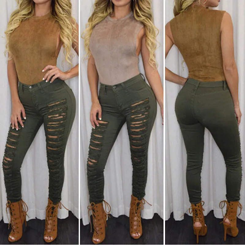 Sexy Women Destroyed Ripped Denim Jeans Skinny Hole Pants High Waist Stretch Jeans Slim Pencil Trousers Black White Blue