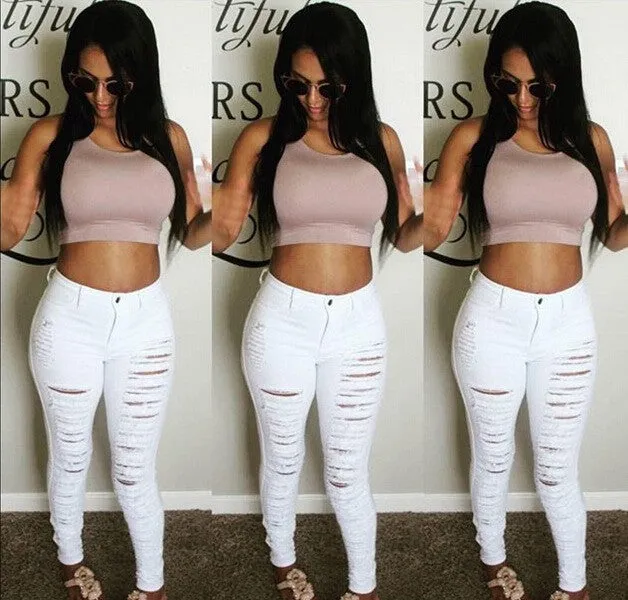 Sexy Women Destroyed Ripped Denim Jeans Skinny Hole Pants High Waist Stretch Jeans Slim Pencil Trousers Black White Blue