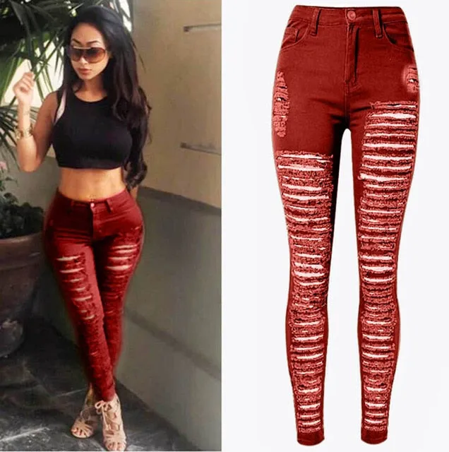 Sexy Women Destroyed Ripped Denim Jeans Skinny Hole Pants High Waist Stretch Jeans Slim Pencil Trousers Black White Blue