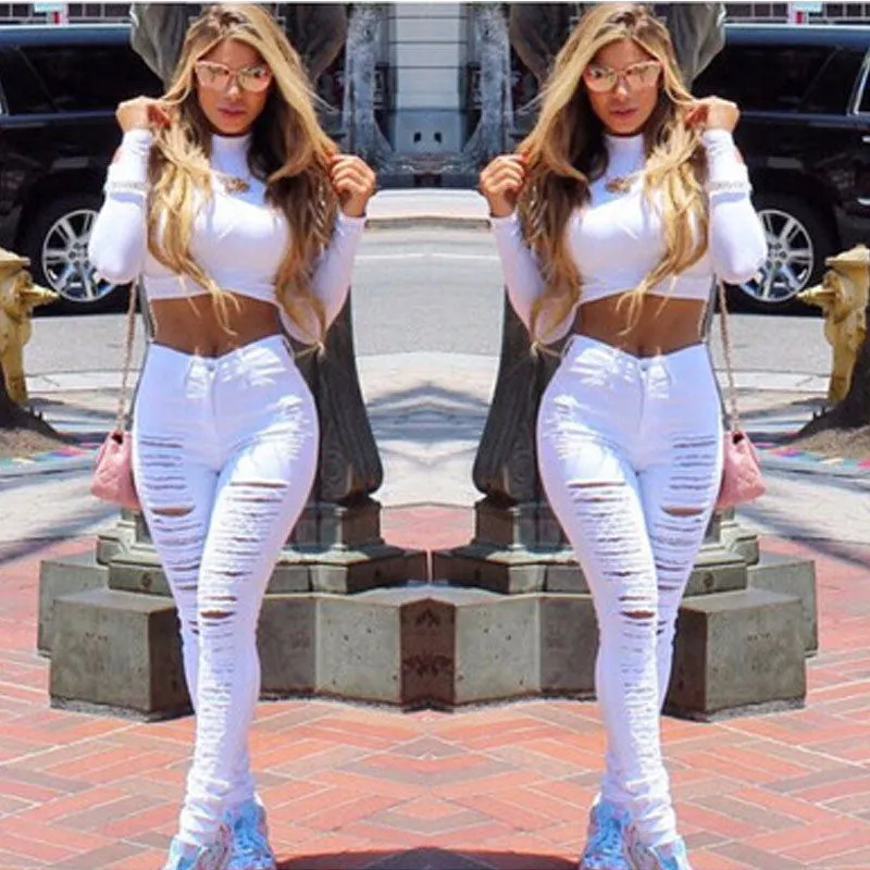 Sexy Women Destroyed Ripped Denim Jeans Skinny Hole Pants High Waist Stretch Jeans Slim Pencil Trousers Black White Blue