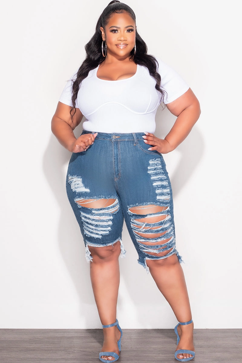 Light Reflective Details Final Sale Plus Size Distress Bermuda Shorts in Dark Denim