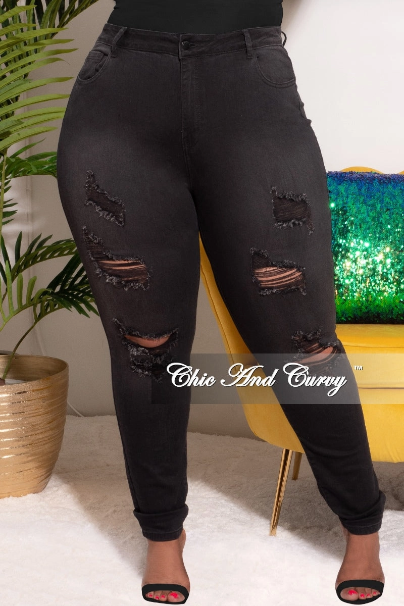 Final Sale Plus Size Dust Wash Black Denim Jeans Core Support Breathable Stretch