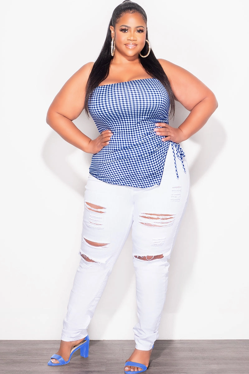 Active Motion Final Sale Plus Size Gingham Tube Top with Drawstring Ruched Side in Royal Blue & White