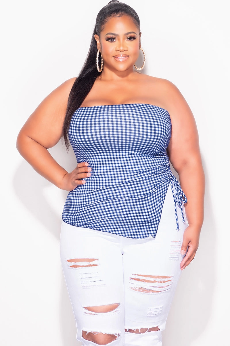 Final Sale Plus Size Gingham Tube Top with Drawstring Ruched Side in Royal Blue & White Trendy Design