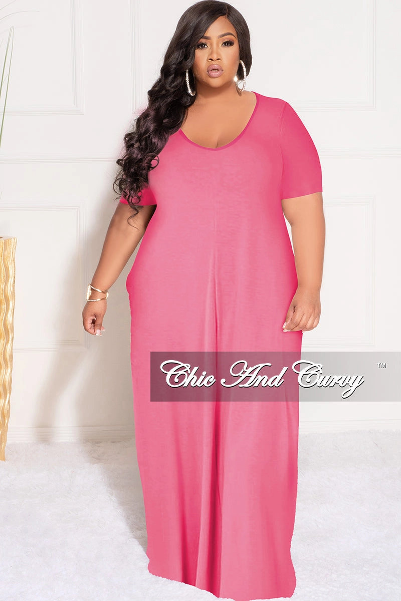 Final Sale Plus Size Short Sleeve Maxi Pocket Dress in Fuchsia Perfect Length