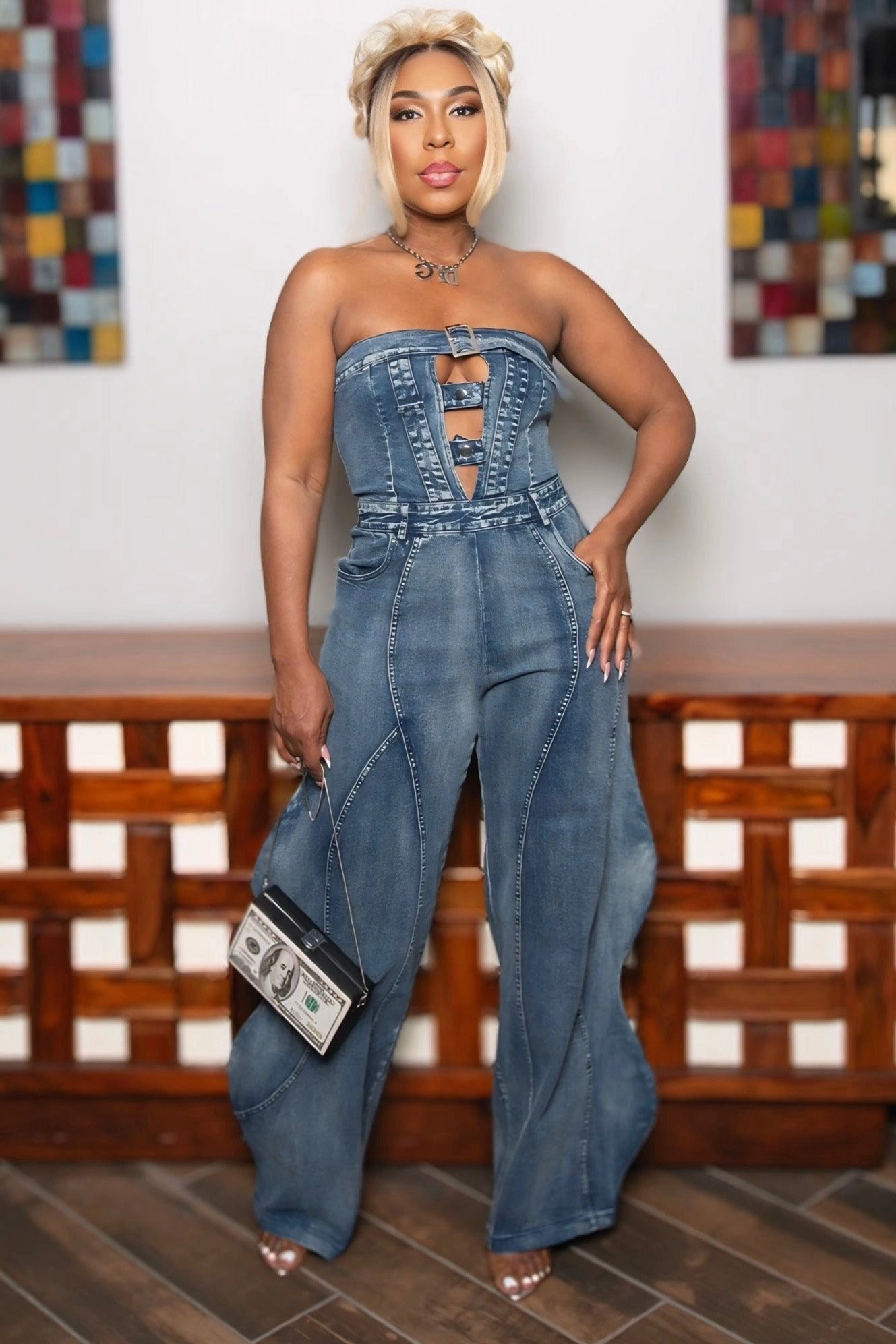 Shanteria Wide Leg Lux Denim Jumper Gusseted Crotch Slip Resistant