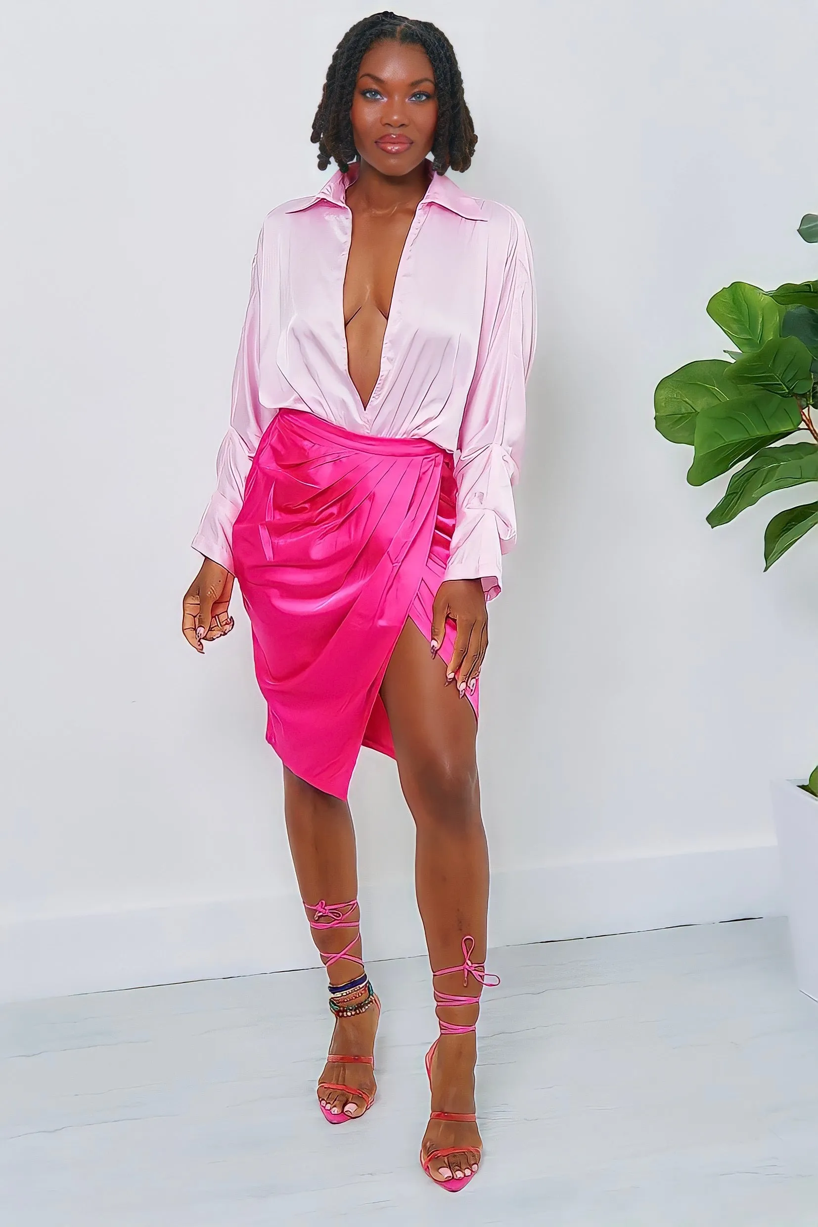 Shantina Lux Color Block Skirt Set-Pink Sharp Finish Vibrant Layer