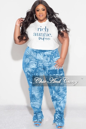 Final Sale Plus Size Sleeveless "Rich Auntie" Graphic Top in White & Blue Print Comfy Motion Move Friendly