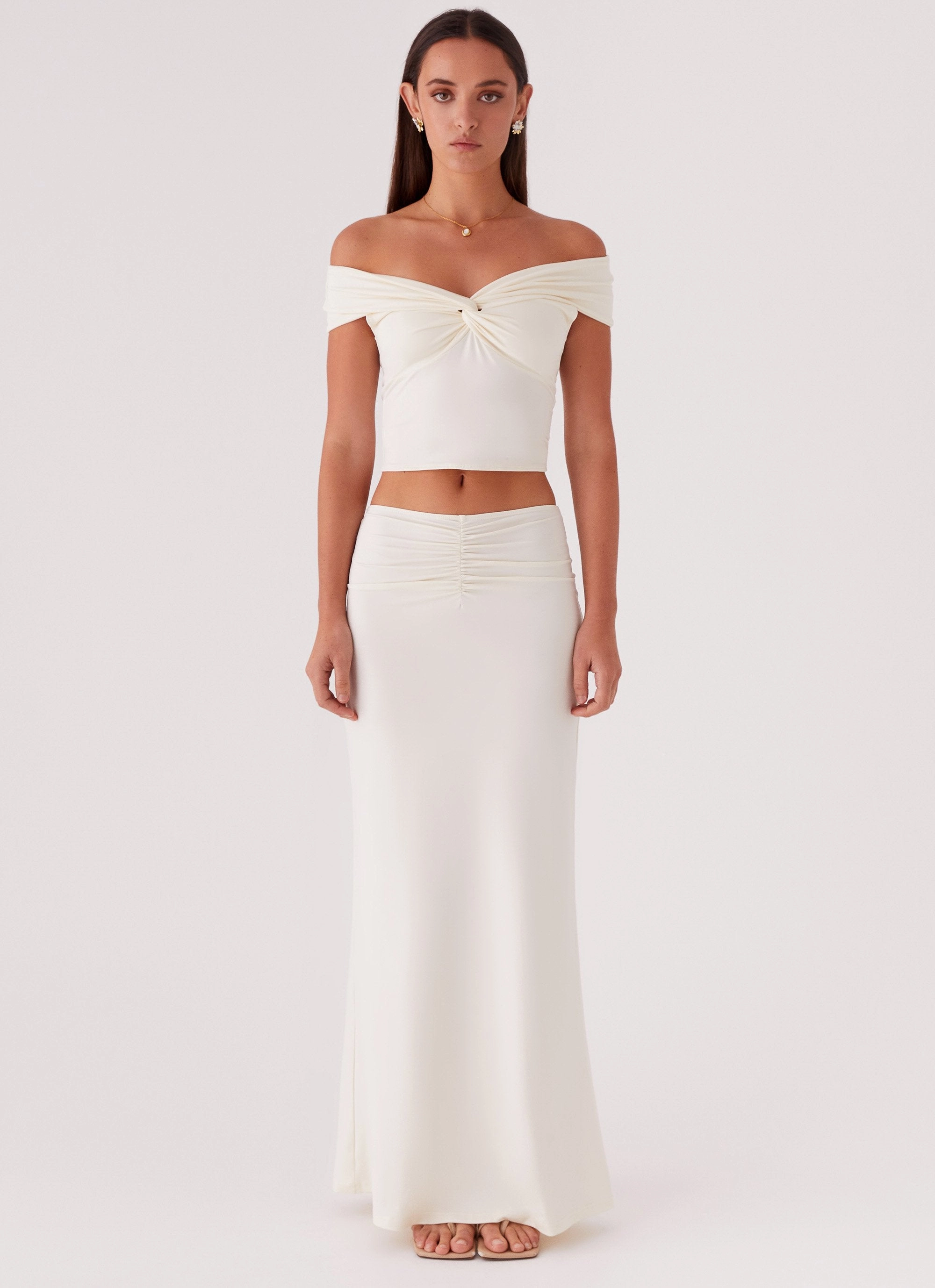 Trixie Twist Off Shoulder Top - Ivory RelaxedNeckline StretchFabric