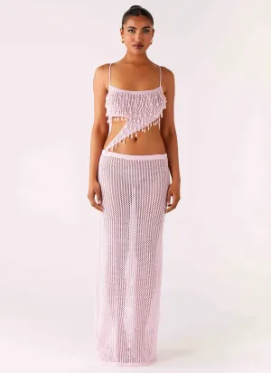 Shellbound Crochet Maxi Dress - Pink Pose Glow Peace View