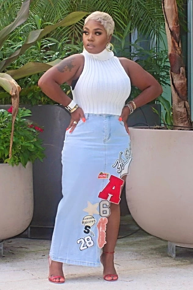 Movement Ease Shelly Patch It Up Denim Maxi Skirt-Light Wash