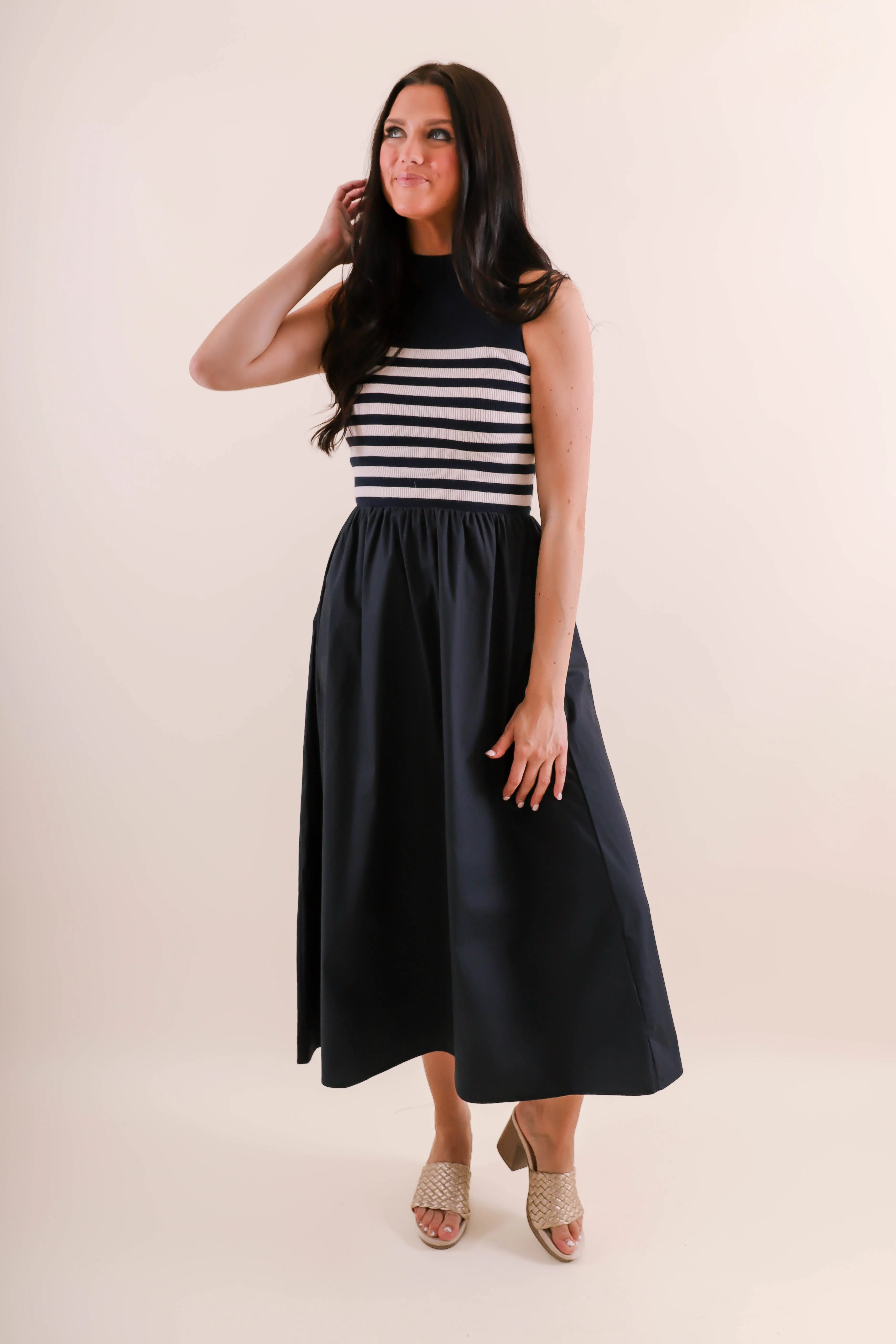 Fashion Mix Texture Style She's A Classic Maxi Dress-Navy