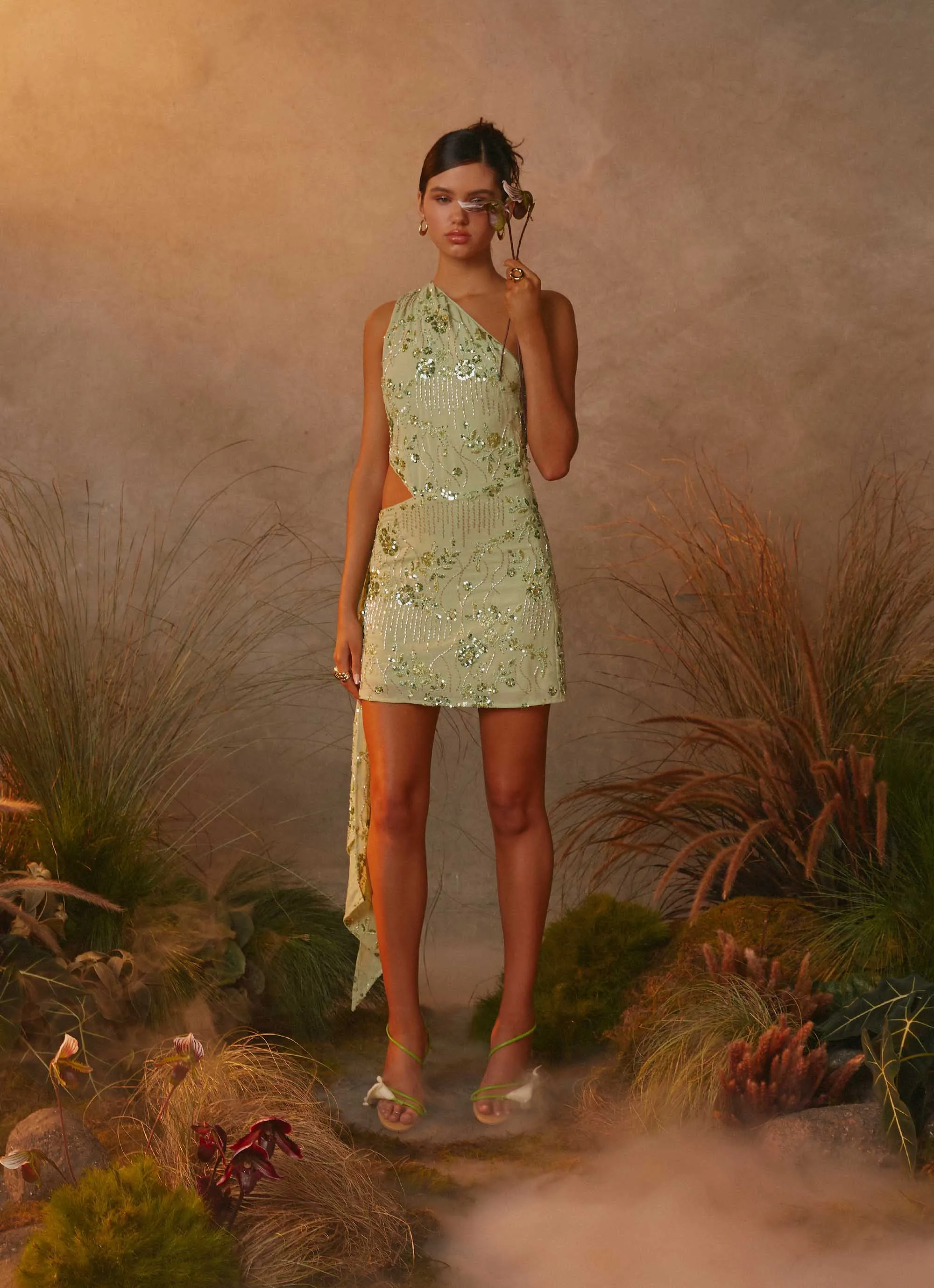 Peace View Decorative-Design Juelz Beaded Mini Dress - Lime