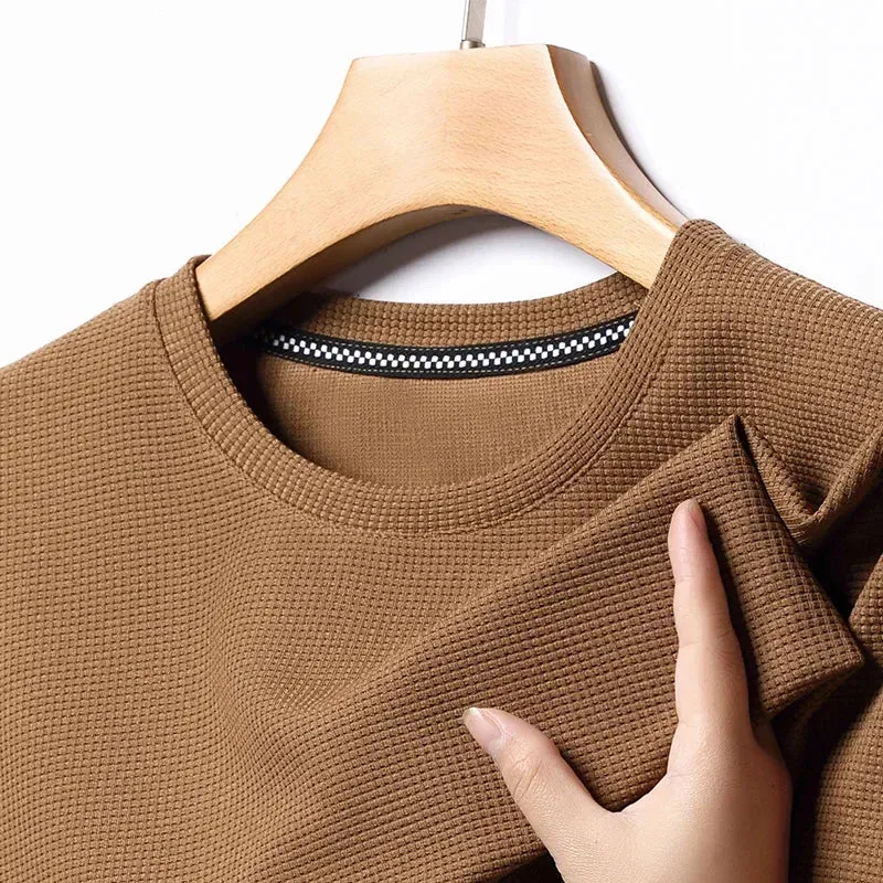 Short-Sleeved Waffle Solid Polo Shirt - Round Neck