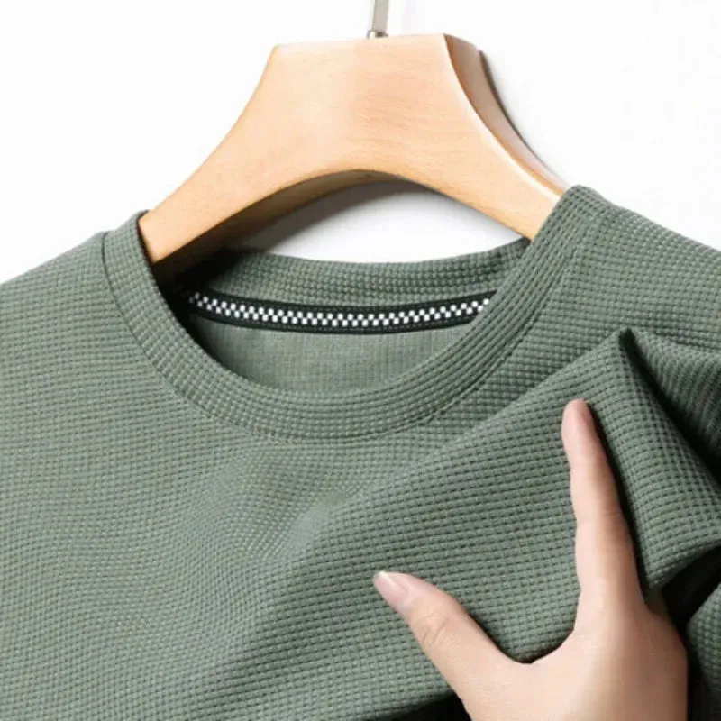 Short-Sleeved Waffle Solid Polo Shirt - Round Neck