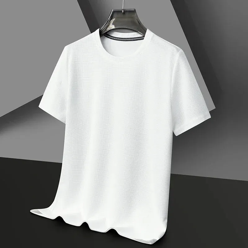 Short-Sleeved Waffle Solid Polo Shirt - Round Neck