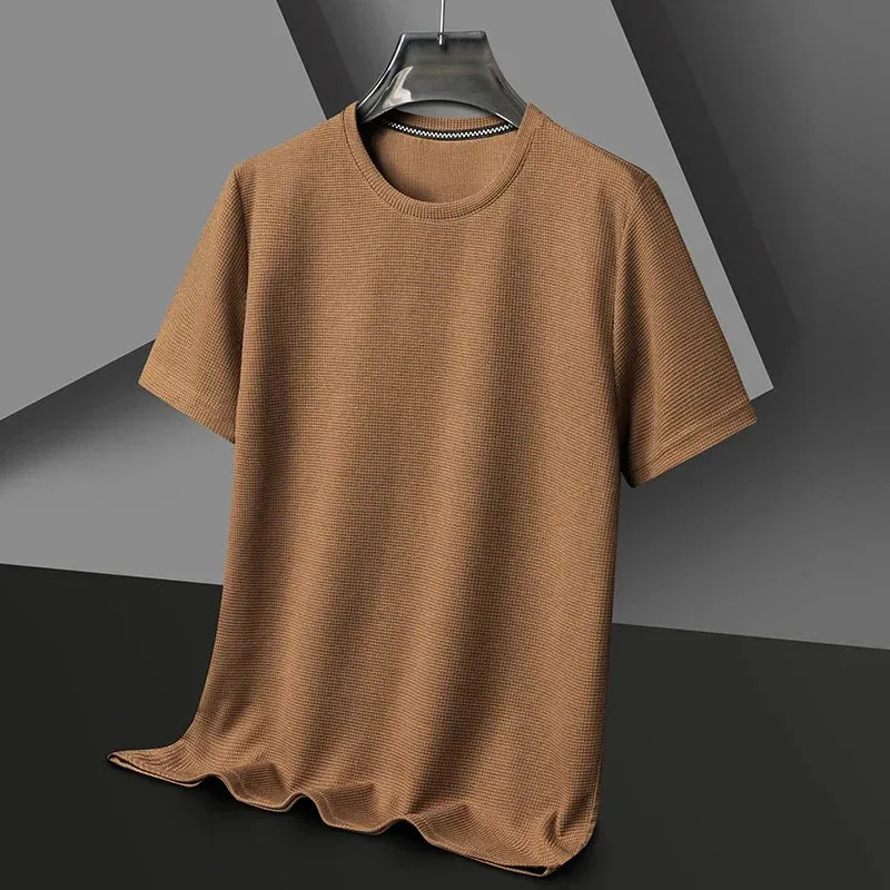 Short-Sleeved Waffle Solid Polo Shirt - Round Neck