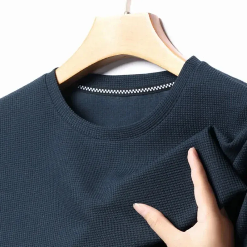 Short-Sleeved Waffle Solid Polo Shirt - Round Neck