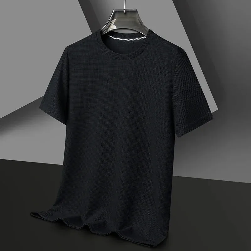 Short-Sleeved Waffle Solid Polo Shirt - Round Neck