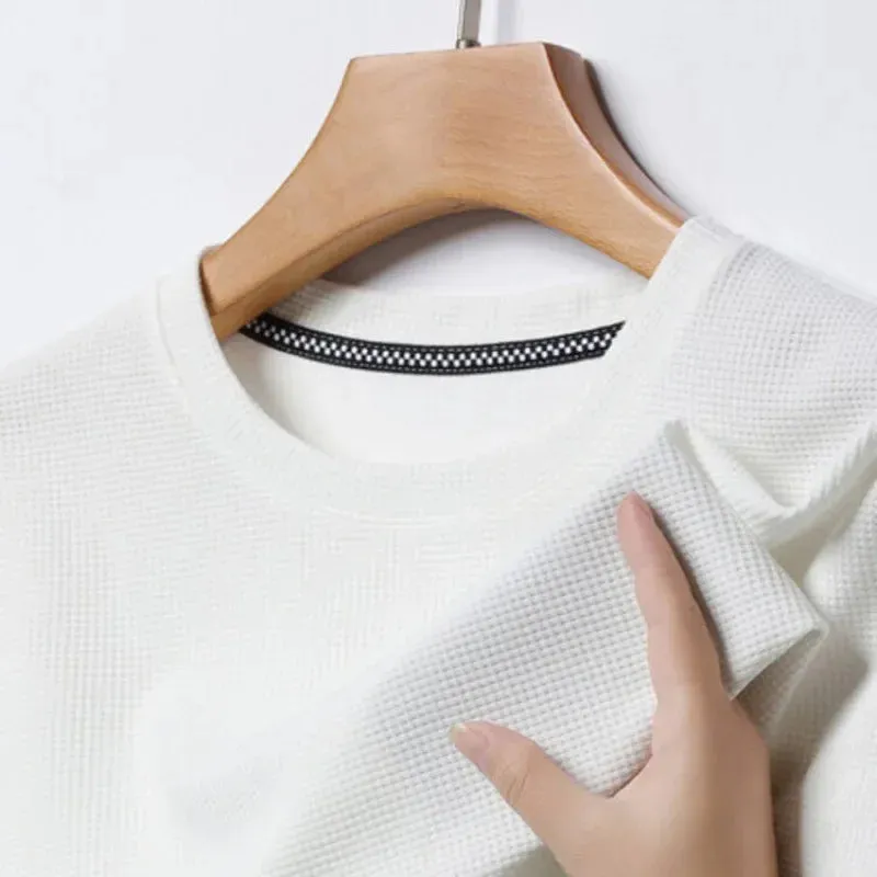 Short-Sleeved Waffle Solid Polo Shirt - Round Neck