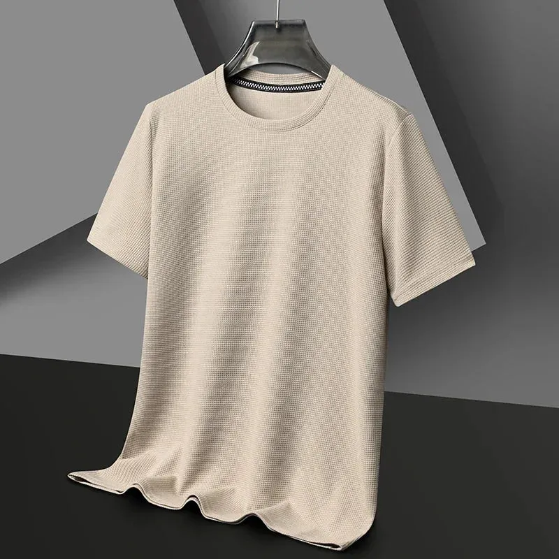 Short-Sleeved Waffle Solid Polo Shirt - Round Neck