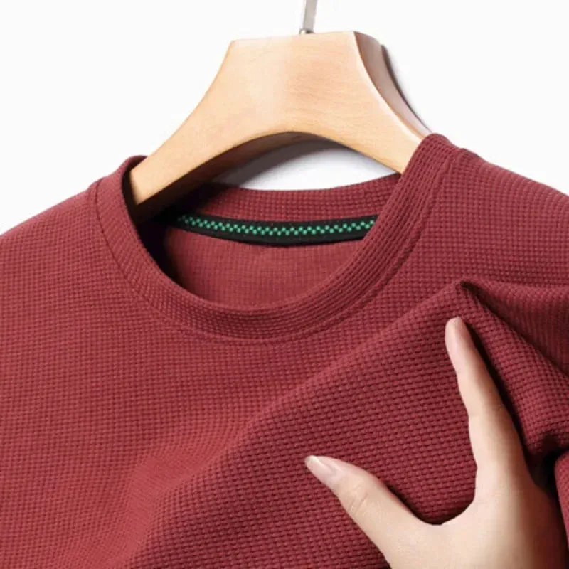 Short-Sleeved Waffle Solid Polo Shirt - Round Neck